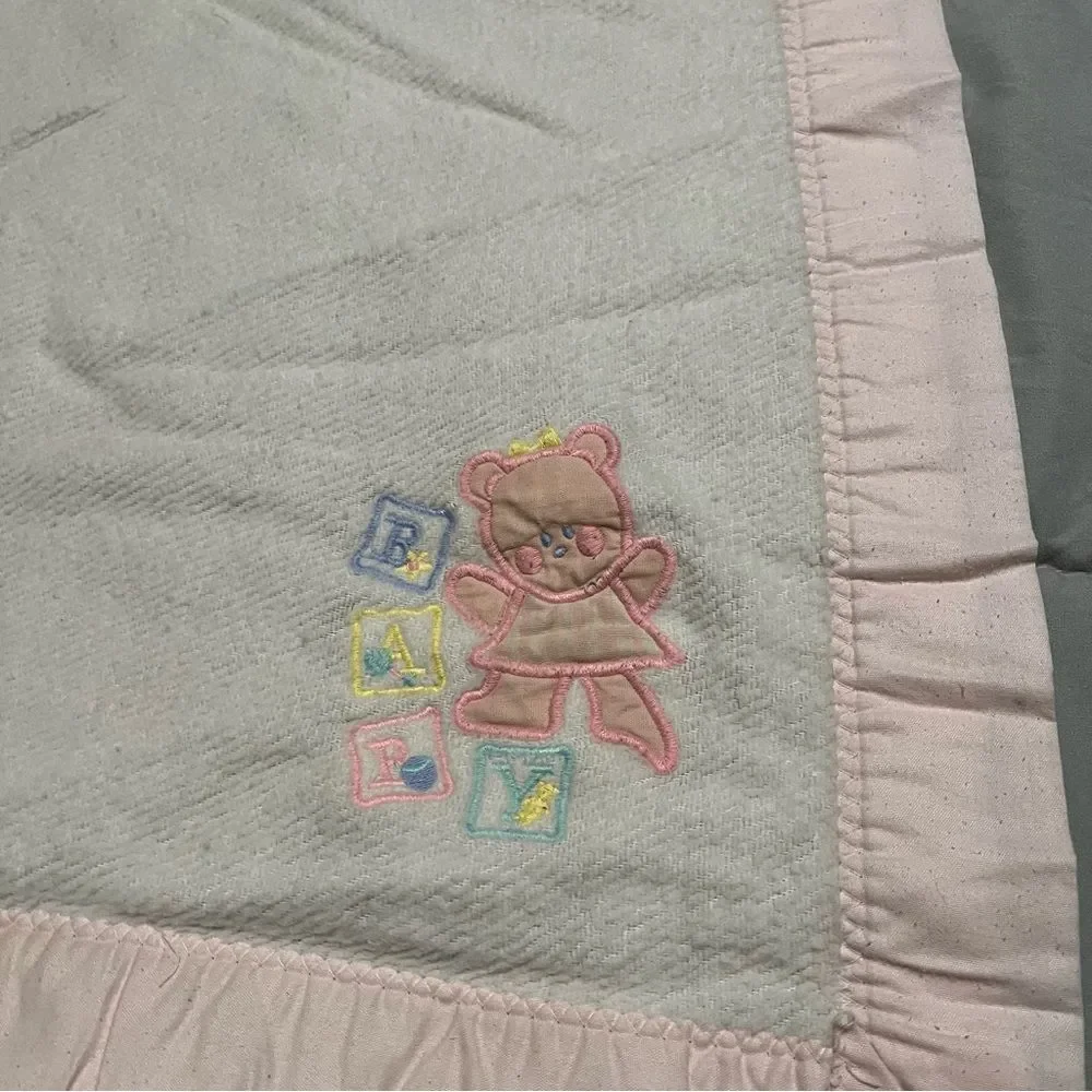 VTG Bundles by Sterncraft Baby Blanket Bear Blue Blocks Acrylic USA Satin Pink